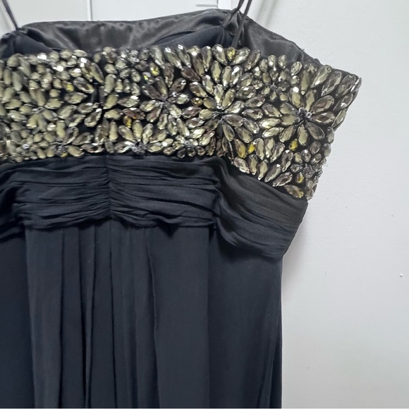 Theia Strapless Beaded Floral Navy Blue Silk Chiffon Gown Size 10 - Picture 3 of 15